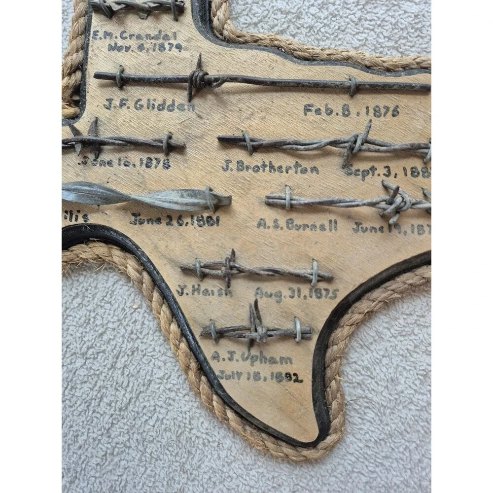 Vintage Texas Shaped Barbed Wire Patent Sample Folk Art Western Ranch Decor